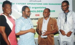 L-R: Manager, Agriculture and Fisheries Sector, Institute of Export Operations and Management (IEOM), Mrs Ovueziue Elo, Market Development Officer, Pind Foundation, Mr Misan Edema-sillo, Executive Secretary Of IEOM, Mr Ofon Udofia and Assistant Manager, Bank of Industry, Mr Harrison Osauwagwe, at the 2015 Institution of Export Operations and Management Stakeholders Forum on e-Commerce Platform for Agric-Business in Port Harcourt, yesterday.