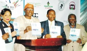 L-R: Vice President, Lagos Chamber of Commerce and Industry (LCCI), Dr Nike Akande, LCCI President, Alhaji Remi Bello, Vice President and Chairman, Trade Promotion Board, Dr Michael Olawale-Cole and Chairman, Specialised Exhibition Committee, Mr Sola Oyetayo, at the unveiling of Information Communication Technology and Telecommunications Industry (ICTEL) Expo 2015 in Lagos, recently.                          Photo: NAN