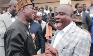 APC governorship candidate in Rivers State, Dakuku Peterside (left), with his PDP counterpart, Barrister Nyesom Wike exchanging banters after the Rivers Debate in Port Harcourt, last Monday