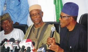 L-R: Former Governor of Ekiti State, Chief Segun Oni, APC National Chairman, Chief John Oyegun and APC Presidential Candidate, Retired Gen. Muhammadu Buhari, at the party's pre-election news conference in Abuja yesterday