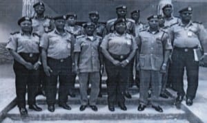 The Assistant Inspector General (AIG) in-charge of Eastern Ports, Mrs Kalafite Helen Adeyemi (middle), flanked by the former Onne Area II Conroller of Customs, Hamzat Gummi (right) with other officers during her visit to the Port, recently.