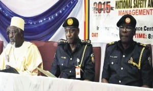 L-R: Representative of the Minister of Interior, Malam Mohammed Tukur, Controller-General, Federal Fire Service, Mr Joseph Garba, Controller, Policy Regulatory and Inspectorate,  Federal Fire service, Mr Quintus Gerald, at the 2015 National Safety and Emergency Management Summit in Abuja, recently.                                    Photo: NAN