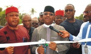 Chairman, House Committee on Works, Rep. Ogbuefi Ozomgbachi, Minister of Works, Mr Mike Onolememen, Enugu State Commissioner for Works and Infrastructure, Mr Goddy Madueke and others, at the inauguration of the Rehabilitated Enugu-Port Harcourt Expressway section three from Enugu to Lokpanta in Enugu State recentlyPhoto: NAN