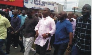 Rivers State APC gubernatorial candidate, Dr Dakuku Peterside (3rd right) leading a protest march in Port Harcourt yesterday against INEC over alleged irregularities in the conduct of the Presidential and National Assembly polls in the state.