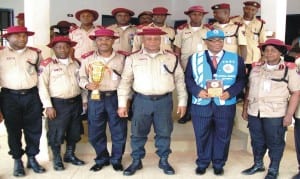 Out-going Frsc Zonal Commanding Officer, Mr Charles Akpabio (middle), with top officers of Anambra Sector Command, during a farewell visit by the out-going Zonal Commanding Officer  to  Anambra Sector Command in Awka recently