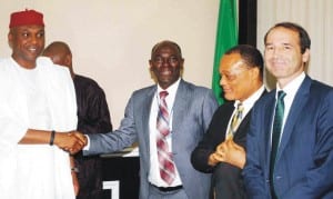 Minister of Aviation, Chief Osita Chidoka (left), welcoming the Executive Secretary, Major Oil Marketers Association of Nigeria, Mr Obafemi Olawore, Chibueze Anyafulu and Alxis Vovx of Total Nigeria Plc, to his office during the visit of a delegation of major oil marketers in Abuja, recently. Photo: NAN
