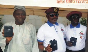 L-R: Oyo State Commissioner for Transport, Prof. Nurain Tanimowo, Zonal Commander, Frsc Zone 11, Assistant Corps Marshal, Luka Kinya and Sector Commander, Frsc Oyo State, Sir Luka Ikpi; displaying the Maximum Speed Limiter at the sensitisation campaign on maximum speed limit in Ibadan last Wednesday