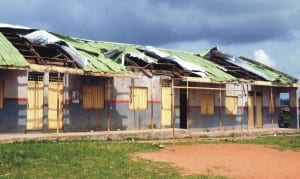 Roof of Apata Grammar School, Logudu, Bembo Area of Apata, damaged by rainstorm in Ibadan last Monday.     Photo: NAN