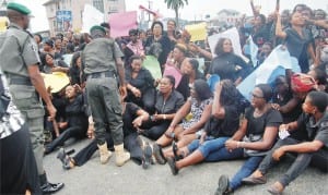 Women members of APC in Rivers protesting against the Presidential and National Assembly elections in Port Harcourt on Monday