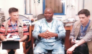 Rivers State NUJ Chairman, Mr Opaka Dokubo (middle) explaining some points to foreign election observers who visited him in his office in Port Harcourt last Friday. Photo: Egberi A. Sampson