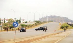 Security check on Nnamdi Azikiwe Expressway during the presidential election in Abuja last Saturday.          Photo: NAN