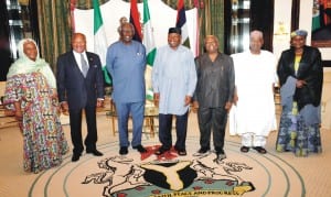 L-R: Commissioner for Political Affairs, African Union Commission, Dr Aisha Abdullahi, Head, Commonwealth Observers Mission, former President Bakili Muluzi of Malawi, former President John Kuffour of Ghana, President Goodluck Jonathan, the Head, African Union Election Mission, former President Amos Sawyer of Liberia, Vice President Namadi Sambo and ECOWAS Commissioner for Political Affairs, Peace and Security, Mrs Salamatu Suleiman, during the visit of Heads of International Observer Groups to President Jonathan in Abuja last Monday. Photo: NAN