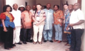 Chairman, Rivers State NUJ, Mr. Opaka Dokubo with his executive officers having a group photograph  with foreign observers, 2015 general election in his office in Port Harcourt.        	 	           Photo: Egberi A. Sampson