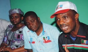 L-R: Apc Enugu State Deputy governorship candidate, Mrs Juliet Idekaku, governorship candidate, Mr Okey Ezea and State Chairman, Dr Ben Nwoye, during a news conference on 2015 Presidential and National Assembly general elections in Enugu last Monday.