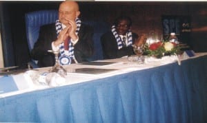 L-R: Exxon Mobil’s Lead Country Manager, Mark Ward and SPE Council chairman, Engr. Adeyemi Akinlawon cheering the Petroleum Minister’s speech at the opening ceremony of the 35th edition of society of engineers’ conference and exhibition at Transcorp Hilton, Abuja, recently.