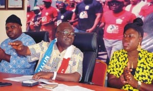 From Left: Comrade John Adaji, National Treasurer, National Union of Textile, Garment and Tailoring Workers of Nigeria, (Nutgtwn), Comrade Issa Aremu, Secretary General, Nutgtwn and Deputy President, Nlc, and Josephine Fashanu, Account Officer, at a News Conference on Awareness of Governorship and House of Assembly elections in Kaduna on Wednesday