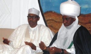 President-Elect, Gen. Muhammadu Buhari (left), and the Emir of Gombe, Alhaji Abubakar Shehu-Abubakar, during the President-Elect's condolence visit over the attack on  March 28 election in Nafada and Dukku LGAs of the state, last Wednesday.