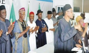 L-R: National Secretary of apc, Mr Fidelis Tumza, National Chairman, Chief John Oyegun, a party stewart, Dr Ogbonnaya Onu, Governor Chibuike Amaechi of Rivers State, Governor Kashim Shettima of Borno State,  former governor Niyi Adebayo of Ekiti State, President-elect, retired Gen. Muhammadu Buhari and National Publicity Secretary, Lai Mohammed, at Buhari's  post-election speech in Abuja, recently.                                   Photo: NAN