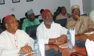 L-R: Members of the National Peace Committee for the 2015 General Elections, John Cardinal Onaiyekan; Sen. Ben Obi and Prof. Ibrahim Gambari, during their visit to defence headquarters in Abuja, yesterday.                           Photo: NAN