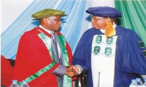 Vice Chancellor, Rivers State University of Science and Technology, Port Harcourt, Prof. Barineme Beke Fakae (right), congratulating Prof. Tamunoene K. S. Abam, after the 33rd Inaugural Lecture at the Amphitheatre of the institution, in Port Harcourt, recently.Photo: Egberi A. Sampson