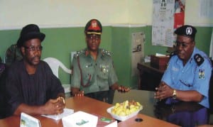 L-R: Nysc Imo Coordinator, Mr Abada Okpiro; Nysc Director-general, Brig.-Gen. Johnson Olawumi and Commissioner of Police, Imo State, Mr Austin Evbakhavbokun, during the Director-General’s official visit to Imo Police Command on the safety of corps members in Imo State during the forthcoming election in Owerri , yesterday. Photo: NAN