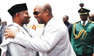 President Goodluck Jonathan (left), with President John Mahama of Ghana at the Nnamdi Azikiwe International Airport, Abuja recently.        						                       Photo: NAN