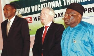 L-R: President, Abuja Chamber of Commerce, Industry, Mines and Agriculture (ABUCCIMA), Tony Ejikeonye, the German Ambassador to Nigeria, Mr Michael Zenner and Abuccima's Vice President on Commerce, Retired Gen. India Garba, at the  closing ceremony of the training of trainers workshop of the German Dual Vocational Training Partnership with Nigeria in Abuja  last Wednesday.