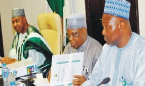 Vice President Namadi Sambo, Deputy Chief of Staff, Abubakar Kachalla and Director-General, Bureau of Public Enterprises, Benjamin Dikki, during the National Council on Privatisation meeting in Abuja yesterday. Photo: NAN