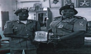 Assistant Inspector General (AIG) in-charge of Eastern Ports, Mrs Kalafite Helen Adeyemi (right),  with former Onne Area II Controller of Customs, Hamzat Gummi, during her visit to the Port, recently 