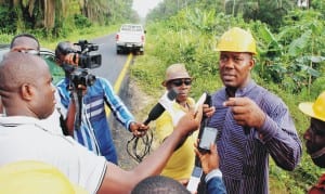 Bayelsa  State Commissioner for Environment, Mr Inirou  Wills, briefing newsmen after inspection of the SPDC oil  spill on Edepie Imiringi-Otuasegha Road in Ogbia Local Government Area of Bayelsa State recently