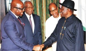 L-R: UN Country Representative to Nigeria, Mr Dauda Toure, Special Representative of the United Nations Secretary-General for Central Africa (UNOCA), Abdoulaye Bathily, Special Representative of the United Nations Secretary-General, for  West Africa, Mohamed Ibn Chambas and President Goodluck Jonathan, after an audience with President Jonathan in Abuja, yesterday