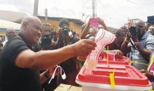 Rivers State PDP governorship candidate, Chief Nyesom Wike casting his vote  during the governorship and House of Assembly elections in Rivers last Saturday.        Photo: NAN