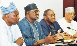 L-R: Director-General, Bureau of Public Enterprises, Benjamin Dikki; Minister of Mine and  Steel Development,  Musa Sada; Permanent Secretary, Ministry of Power, Godknows Ighali  And Vice Chairman, Technical Committee, National Council On Privatization,  Haruna Sambo, During A News Conference After  National Council On Privatisation Meeting in Abuja On Thursday (16/4/15).