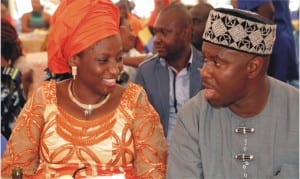 APC Governorship candidate in Rivers State, Dr. Dakuku Peterside with wife of the executive governor of Rivers State, Mrs. Judith Amaechi,  at the burial ceremony of his father-in-law, Chief Charles O. Adie, in Ogoja, Cross River State, at the weekend.