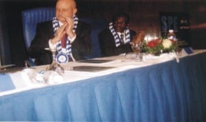 From Right: Exxon Mobil’s lead Country Manager, Mark Ward and SPE Council Chairman, Engr. Adeyemi Akinlawon cheering the Petroleum Minister’s speech at the opening ceremony of 35th Edition of Society of Engineers’ conference and Exhibition at Transcorp Hilton, Abuja, recently