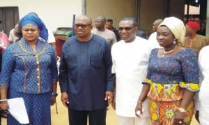 L-R: The Senator-elect for Anambra North Senatorial District, Mrs Stella Oduah; former Governor of Anambra State, Chief Peter Obi, the returning Senator for Anambra South, Mr Andy Uba and the Senator-Elect, for Anambra Central, Rep. Uche Ekwunife, during the presentation of Certificates of Return to elected national Assembly members in Awka last Friday.                                        Photo: NAN