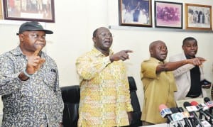 L-R: NLC  Deputy General Secretary, Comrade Chris Uyot, President  Comrade Ayuba Wabba,  Governor Adams Oshiomhole of Edo and NLC General Secretary, Comrade Peter Ozo-Esa, during Governor Oshiomhole's courtesy visit to NLC President in Abuja last Tuesday.                        Photo: NAN