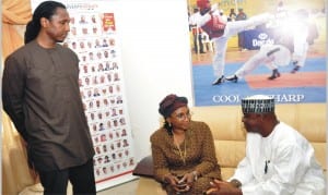 L-R: Uche Chukwumerije's son, Chidi, Gloria Iweka and  Senate President, David Mark, during Mark's condolence visit to Uche Chukwumerije's family in Abuja, yesterday