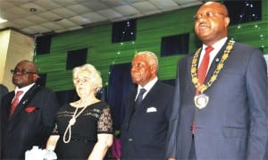 L-R: Vice  President, Institute of Chartered Accountants of Nigeria (ICAN), Chief Femi Deru; wife of the guest of honour, Mrs Barbara Kalu; guest of honour, Elder Kalu U. Kalu And ICAN President, Mr Chidi Ajaegbu, at the Conferment of ICAN Fellowship on members in Lagos, yesterday.           Photo: NAN