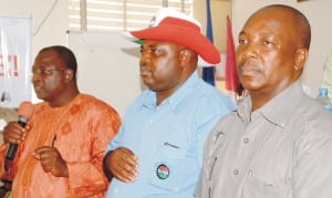 From Left: Newly Elected Chairman, Nigeria Labour Congress (NLC), Kaduna State Council, Ephraim James; Deputy Chairman, John Adaji and Treasurer, Danladi Yahaya, at the 11th NLC State Delegates Conference in Kaduna,  yesterday