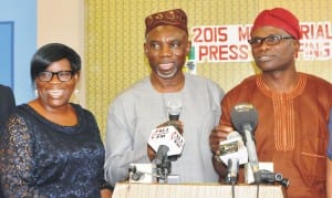 L-R: Permanent Secretary, Lagos State Ministry of Energy and Mineral Resources, Mrs Iyabo Obasa, Commissioner for Energy and Mineral Resources, Mr Taofeek Tijani and Commissioner for Information and Strategy, Mr Lateef Ibirogba, at a news conference on activities of the ministry in the last one year, in Lagos, last Tuesday.         Photo: NAN