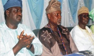 L-R: President, Nigeria Guild of Editors, Mr Femi Adesina, Ota Olubadan, Oloye Lekan Alabi, former Managing Director, Nigeria Tribune, Mr Felix Adenaike,  at a lecture to mark  75th birthday of the  former Managing Director in Ibadan, Wednesday