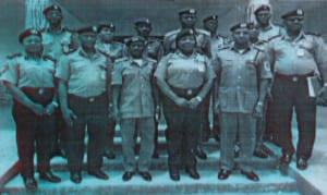 The Assistant Inspector-General of Police (AIG) in-charge of Eastern Ports, Mrs Kalafite Helen Adeyemi (centre), flanked by the former Onne Area II Controller of Customs, Hamzat Gunmi (right) with other officers during her visit to the port, recently.