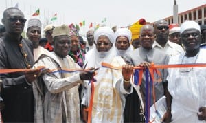 L-R: Representative of the National President, Nigeria Association of Chambers of Commerce, Industry, Mines and Agriculture, Prince Billy Gillis-Harry; Kaduna State Commissioner for Finance, Alhaji Aliyu Samaila; Galadima Zazzau, Alhaji Nuhu Aliyu; Representative of the Minister of Industry, Trade and Investment, Mr Ezenwanne Benjamin And President, Kaduna Chamber of Commerce, Industry, Mines and Agriculture, Dr Abdul-Alimi Bello, at the opening Ceremony of the 36th Kaduna International Trade Fair in Kaduna last Saturday.