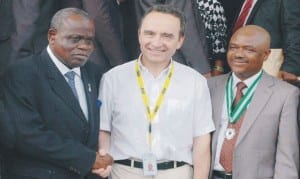 L-R: Vice President, Institute of Chartered Accountants of Nigeria (Ican), Otunba Olufemi Deru; Managing Director, Nigerite Limited, Mr Frank Le-Bris and Chairman, Ikeja District Society of IcaN, Mr Seyi Ogunjobi, during their visit to Nigerite in Lagos, recently.