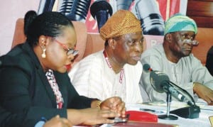 L-R:  Registrar, University of Lagos, Dr Taiwo Ipaye; Vice Chancellor,  Prof. Rahamon Bello and Deputy Vice Chancellor, Management Services, Prof. Duro Oni, during, News Conference in Lagos last Friday.