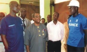 Permanent Secretary, Ministry of Information and Communications, Mr Sam Woka (left), General Manager, Rivers State Newspaper Corporation, Mr Celestine Ogolo (2nd left) listen to Engr Lawson Edward (right) explaining the works of the Rotary Machine, during a  farmilisation tour of the corporation by the perm sec, recently.                                   Photo: Chris Monayanga