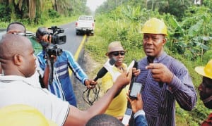 Bayelsa State Commissioner for Environment, Mr Inirou Willsthe, briefing newsmen after inspecting SPDC oil spill sight on Edepie, Imiringi-Otuasegha Road in Ogbia Local Government Area, recently.