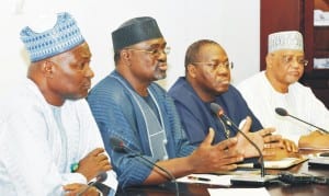 L-R: Director-General, Bureau of Public Enterprises, Benjamin Dikki; Minister of Mine and  Steel Development,  Musa Sada; Permanent Secretary, Ministry of Power, Godknows Ighali  and Vice Chairman, Technical Committee, National Council on Privatization,  Haruna Sambo, during a news conference after  National Council on Privatisation Meeting in Abuja, recently.