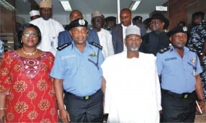 From Left: INEC General Secretary, Chinwe Iduka, acting IG, Mr Solomon Arase, INEC Chairman Prof. Attahiru Jega and Force Public Relations Officer, CP Emmanuel Ojukwu during IG's first visit to INEC headquarters in Abuja, recently.